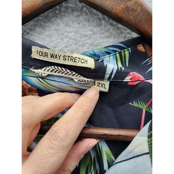 Mens Four Way Stretch Hawaiian Shirt 2XL Tropical Flamingo & Palm Print Black Sh - Picture 2 of 4
